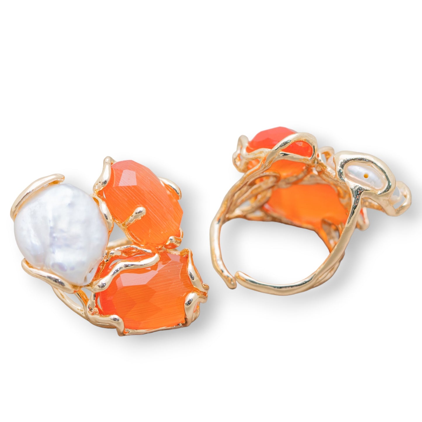 Bronze Ring AURORA Collection 32x36mm With Cat's Eye Adjustable Size With Orange Golden River Pearls