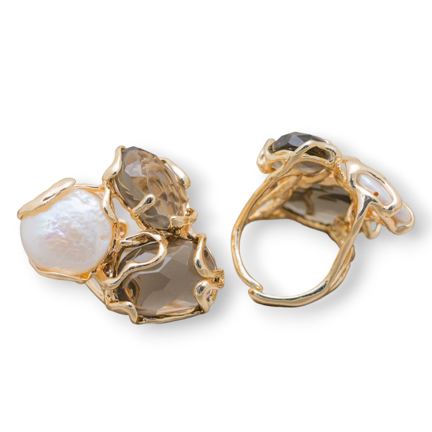 Bronze Ring AURORA Collection 32x36mm With Cat's Eye Adjustable Size With Golden River Pearls Smoke'