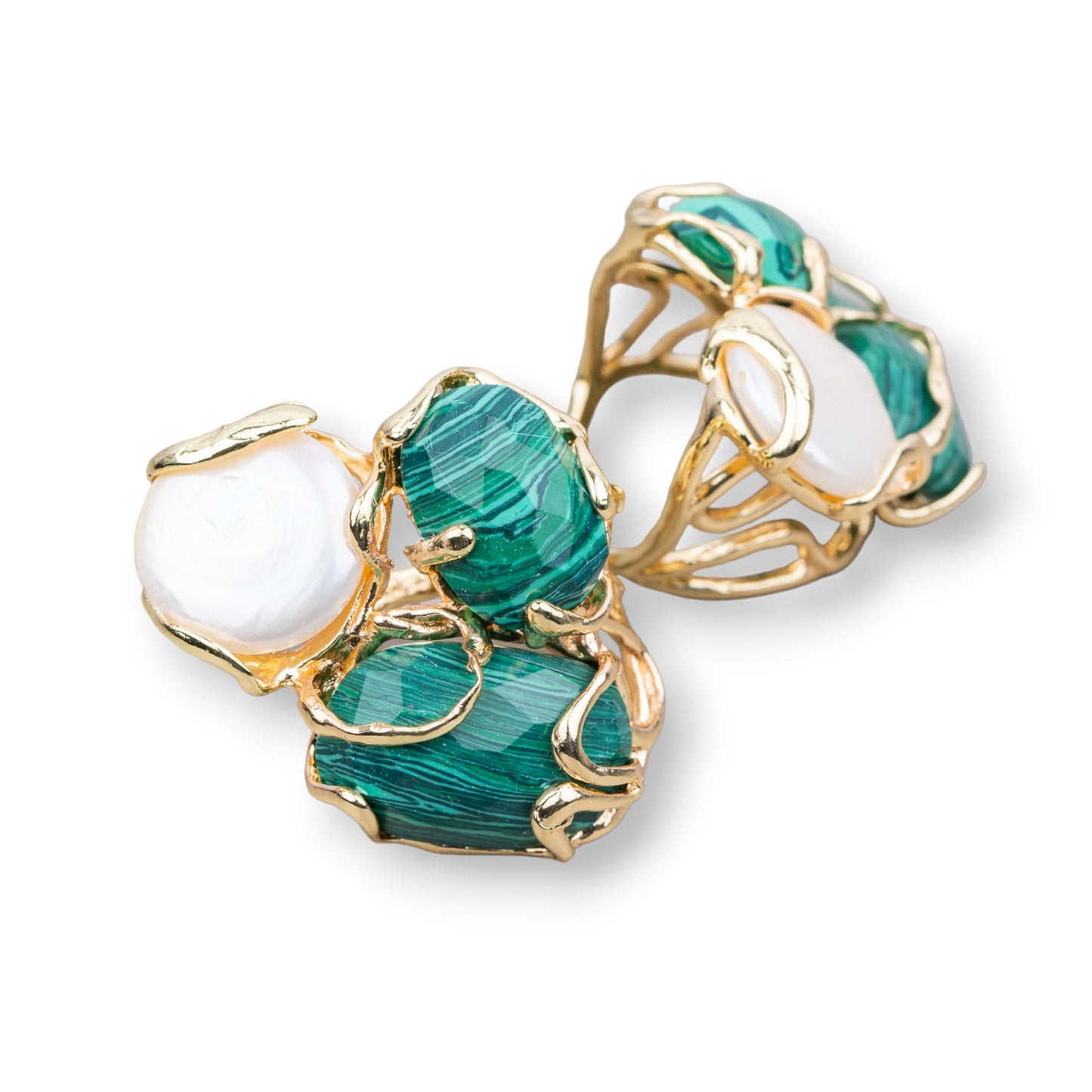 Anello Aurora in Bronzo con Occhio di Gatto e Perle Dorate – Eleganza Regolabile