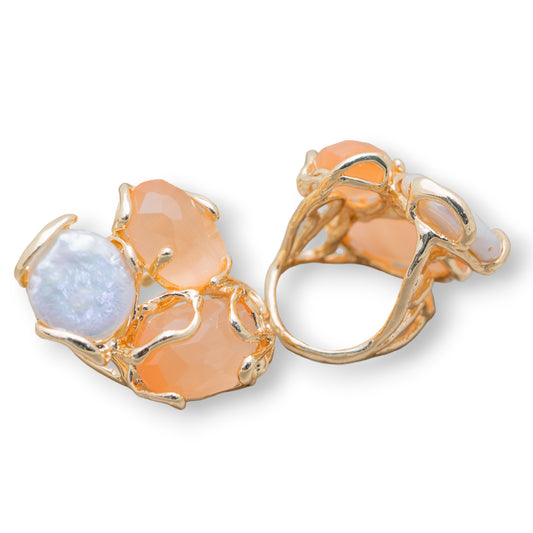 Bronze Ring AURORA Collection 32x36mm With Cat's Eye Adjustable Size With Golden River Pearls Peach