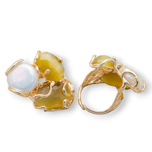 Bronze Ring AURORA Collection 32x36mm With Cat's Eye Adjustable Size With Mustard Golden River Pearls