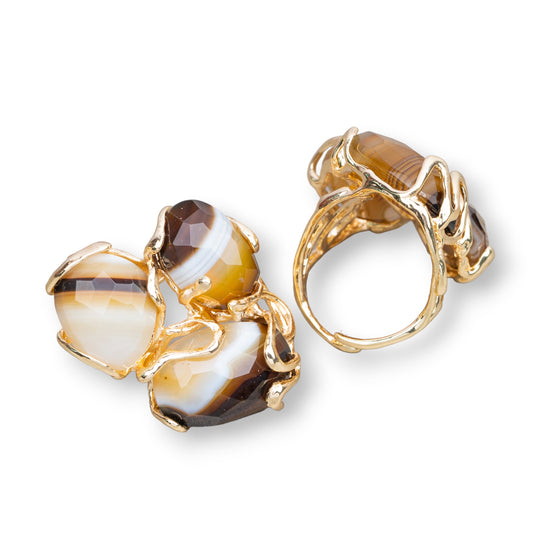 Aurora Ring in Gilded Bronze with Hard Stones - Adjustable Elegance with Striped Agate