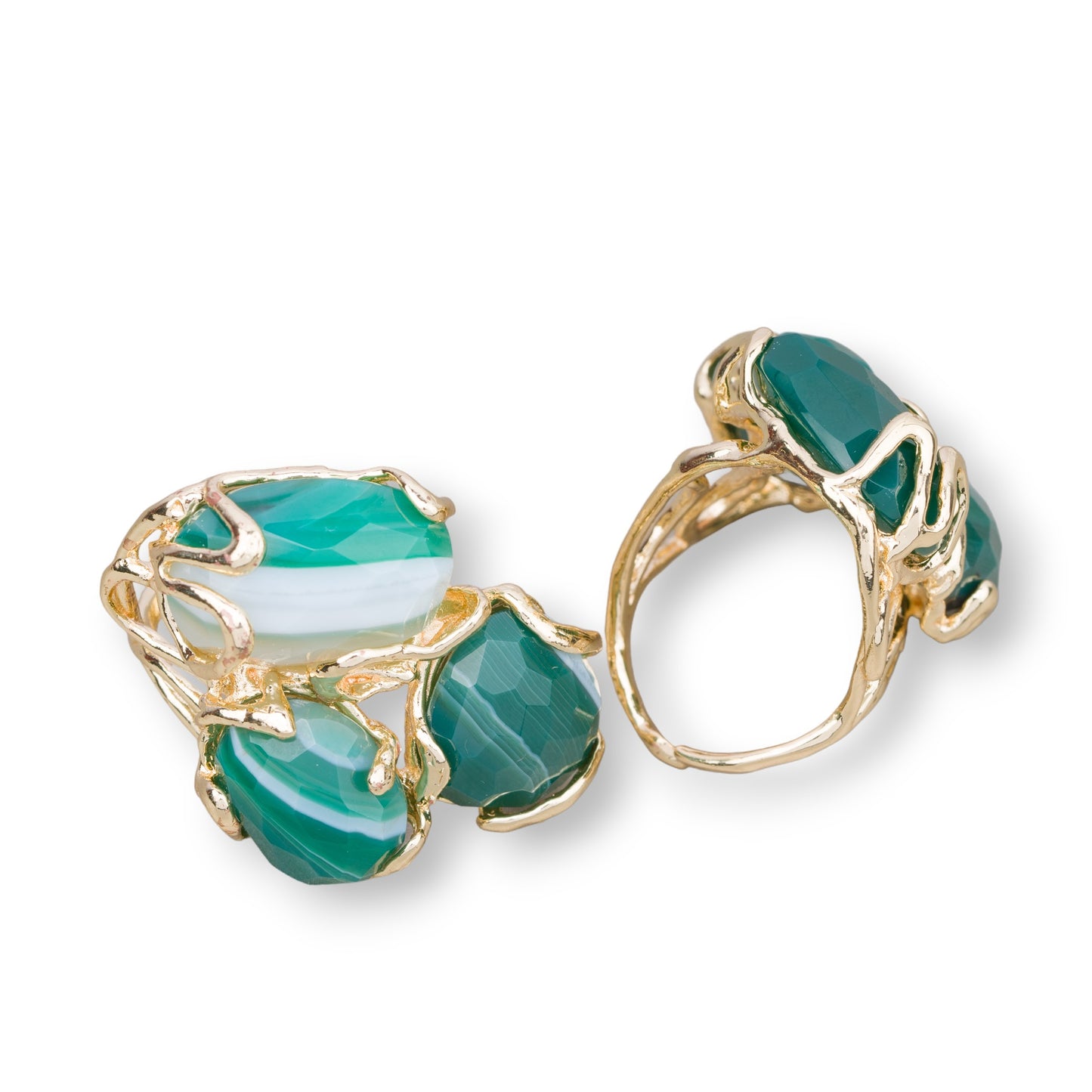 AURORA Ring in Gilded Bronze with Green Striped Agate - Adjustable Elegance