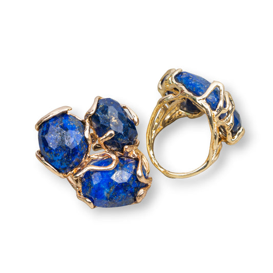 Bronze Ring AURORA Collection 32x36mm With Hard Stones Adjustable Size Gold Lapis Lazuli