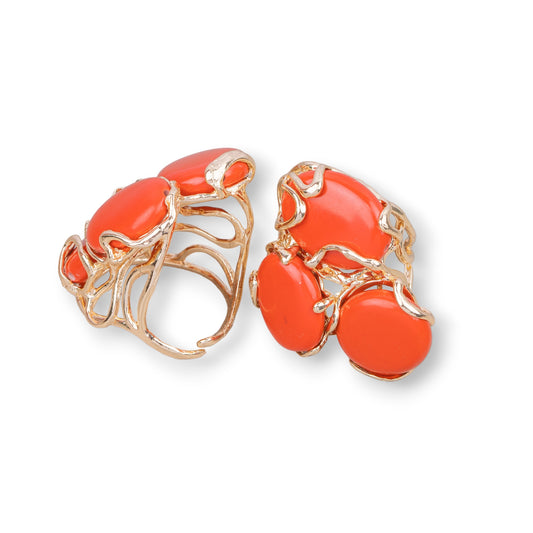 Bronze Ring AURORA Collection 32x36mm With Hard Stones Adjustable Size Gold Coral Paste