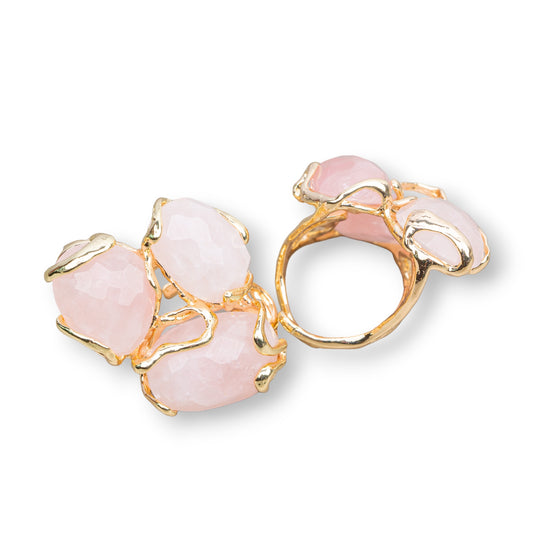 Bronze Ring AURORA Collection 32x36mm With Hard Stones Adjustable Size Gold Rose Quartz