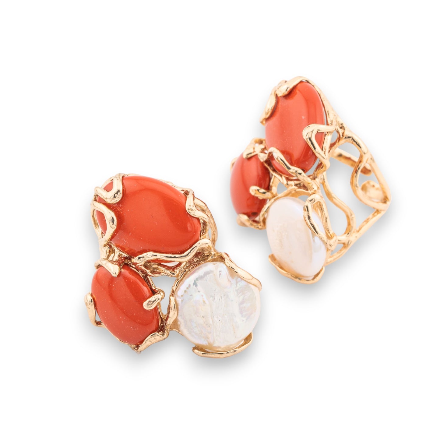 Bronze Ring AURORA Collection 32x36mm With Hard Stones Adjustable Size Coral Paste And River Pearls