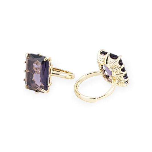 Bronze Ring With CZ Crystals Cabochon Rectangle 15x20mm Adjustable Size Purple