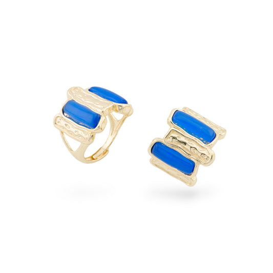 Anello Di Bronzo Con Occhio Di Gatto 20x22mm Con 2 Pietre Misura Regolabile Dorato Blu