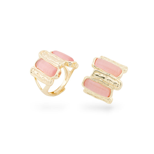 Anello Di Bronzo Con Occhio Di Gatto 20x22mm Con 2 Pietre Misura Regolabile Dorato Rosa