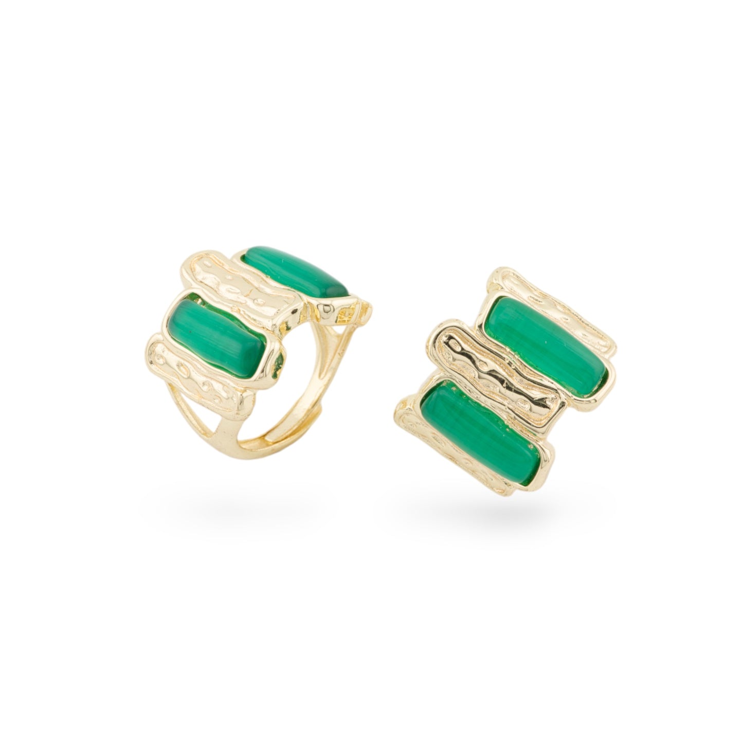 Anello Di Bronzo Con Occhio Di Gatto 20x22mm Con 2 Pietre Misura Regolabile Dorato Verde