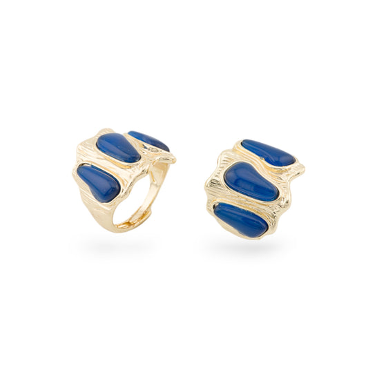 Anello Di Bronzo Con Occhio Di Gatto 21x23mm Con 3 Pietre Misura Regolabile Dorato Blu