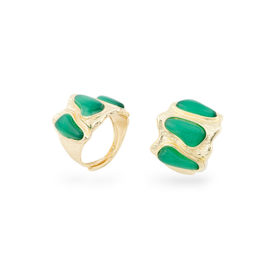 Anello Di Bronzo Con Occhio Di Gatto 21x23mm Con 3 Pietre Misura Regolabile Dorato Verde