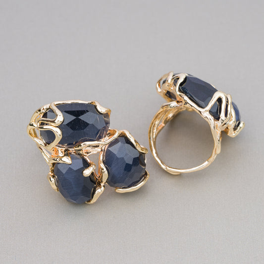 Elegant Dark Blue Cat Eye Bronze Ring – Adjustable and Unique