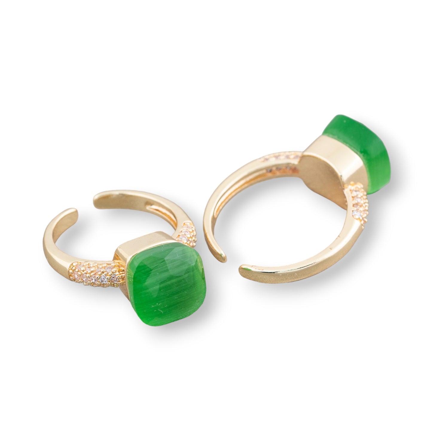 Anello Di Bronzo Con Occhio Di Gatto A Cuscinetto 10mm Con Zirconi Incastonato Verde