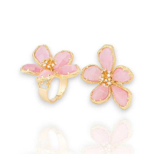 Anello Di Bronzo Con Occhio Di Gatto A Fiore 5 Petali 32x42mm Misura Regolabile Dorato Rosa