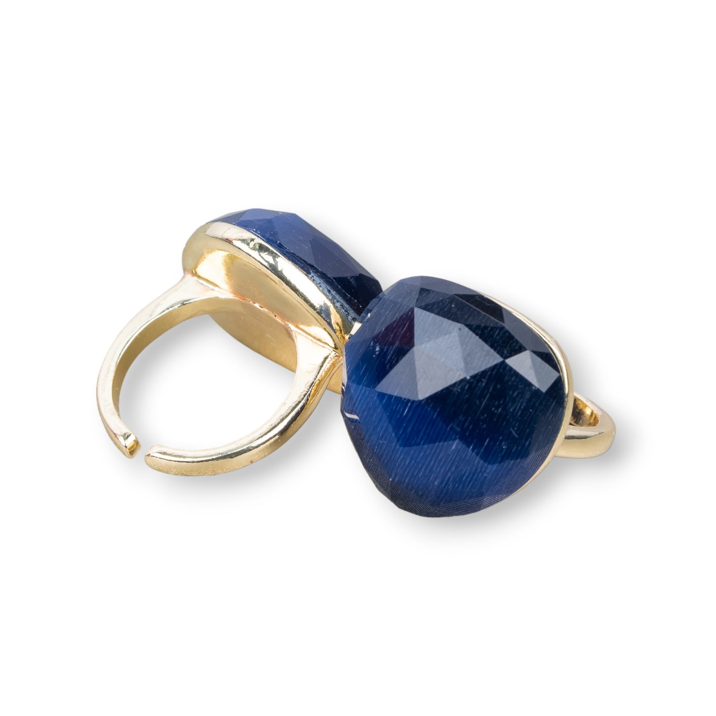 Anello Di Bronzo Con Occhio Di Gatto Cuore Sfaccettato 23mm Misura Regolabile Blu Zaffiro