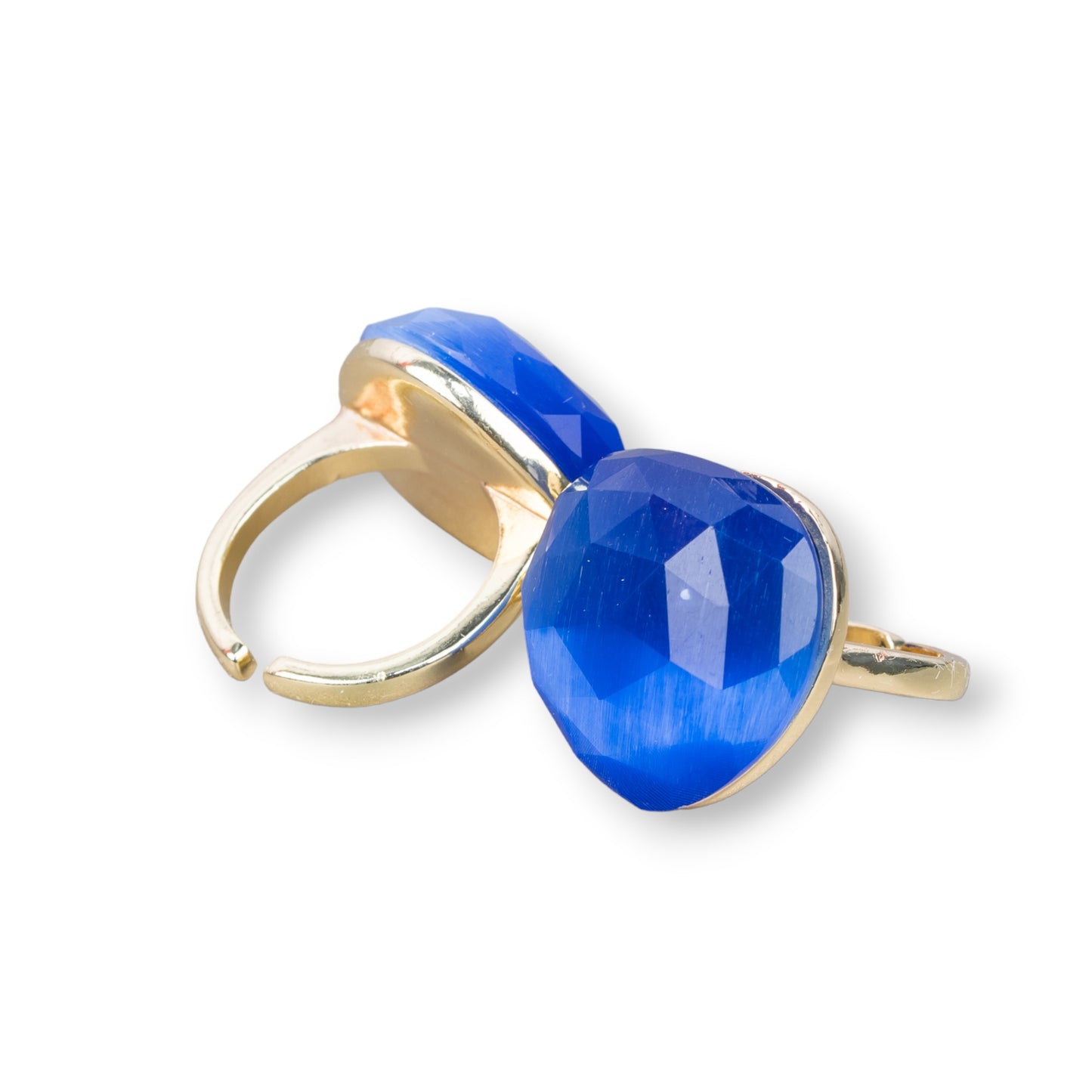 Bronze Ring With Cat's Eye Heart Faceted 23mm Adjustable Size Blue