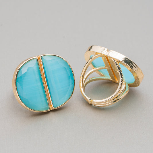 Bronze Ring with Cat's Eye Double Crescent - Adjustable Elegance in Turquoise