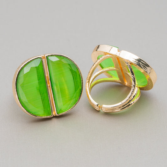 Anello Di Bronzo Con Occhio Di Gatto Doppia Mezzaluna 25x28mm Misura Regolabile Verde Chiaro