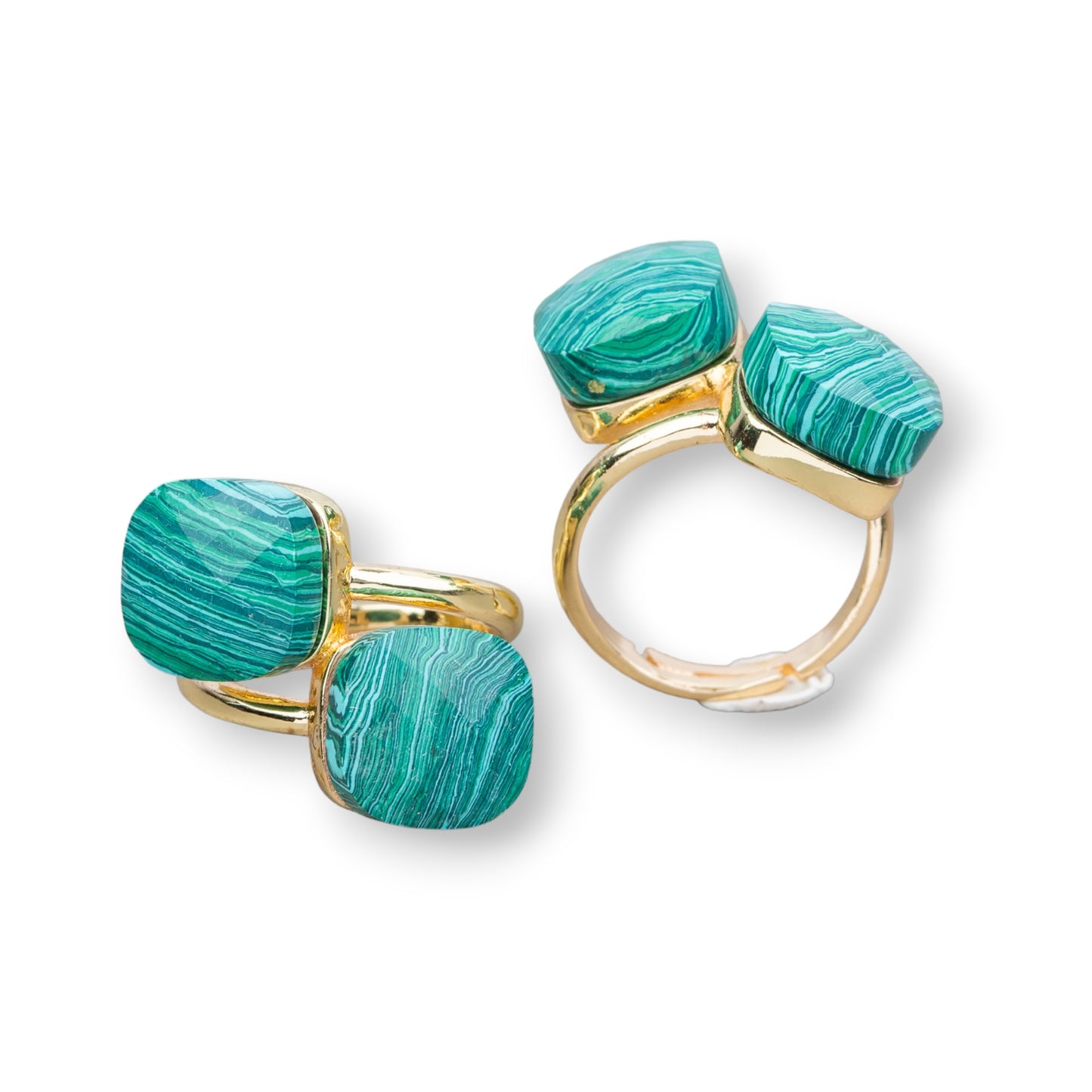 Anello Di Bronzo Con Occhio Di Gatto Doppio Quadratino Da 12mm Misura Regolabile Dorato Pasta Di Malachite