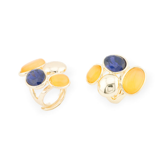 Anello Di Bronzo Con Occhio Di Gatto E Cristalli CZ 3 Pietre 24x32mm Misura Regolabile Dorato Giallo Blu