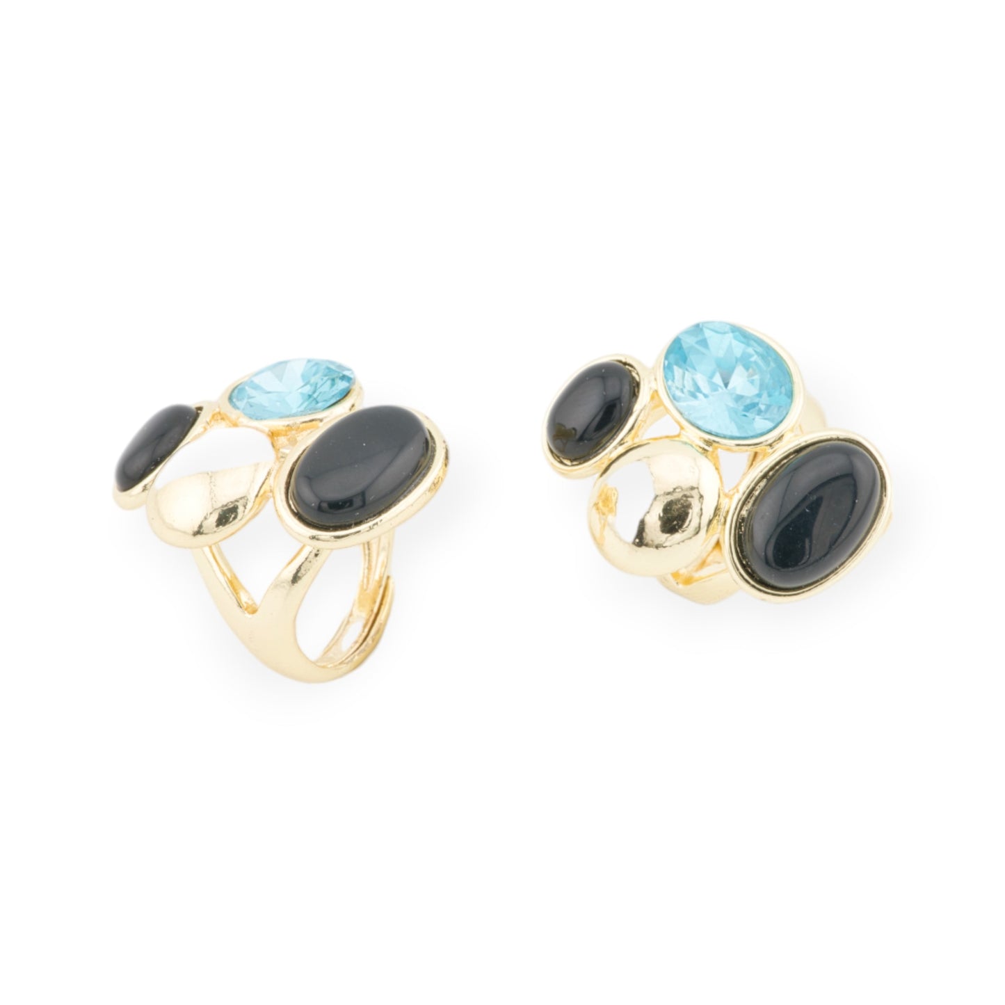 Anello Di Bronzo Con Occhio Di Gatto E Cristalli CZ 3 Pietre 24x32mm Misura Regolabile Dorato Nero Acqua