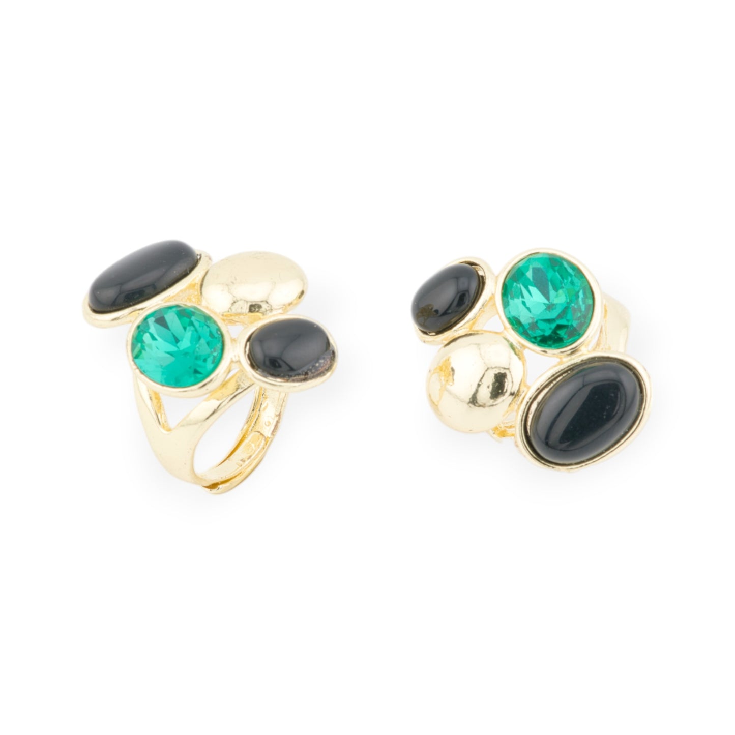 Anello Di Bronzo Con Occhio Di Gatto E Cristalli CZ 3 Pietre 24x32mm Misura Regolabile Dorato Nero Verde