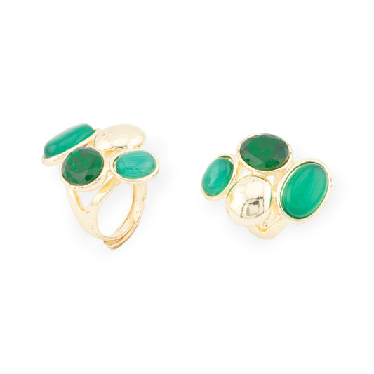 Anello Di Bronzo Con Occhio Di Gatto E Cristalli CZ 3 Pietre 24x32mm Misura Regolabile Dorato Verde Chiaro e Scuro