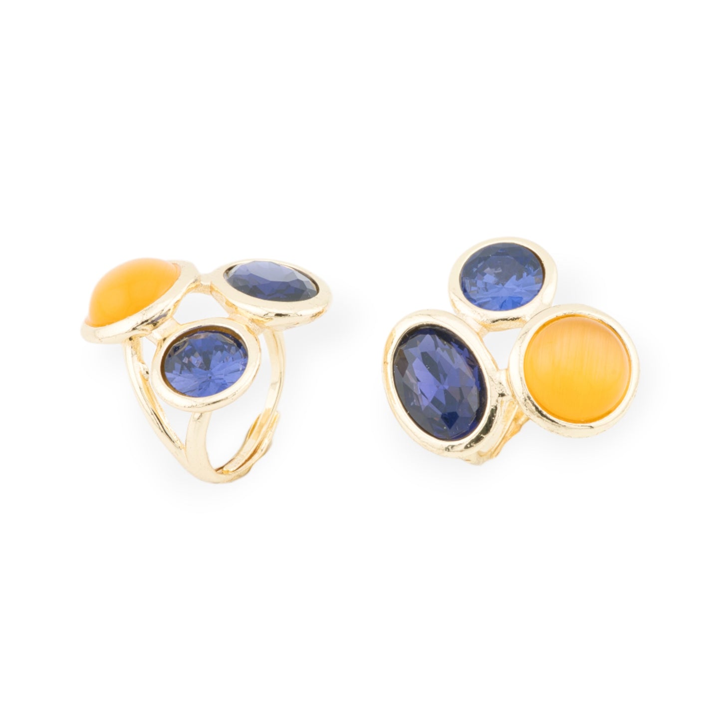 Anello Di Bronzo Con Occhio Di Gatto E Cristalli CZ 3 Pietre 28x29mm Misura Regolabile Dorato Blu Giallo