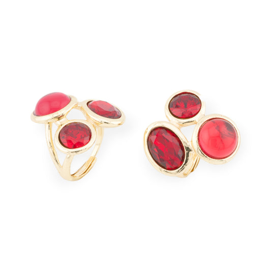 Anello Di Bronzo Con Occhio Di Gatto E Cristalli CZ 3 Pietre 28x29mm Misura Regolabile Dorato Rosso