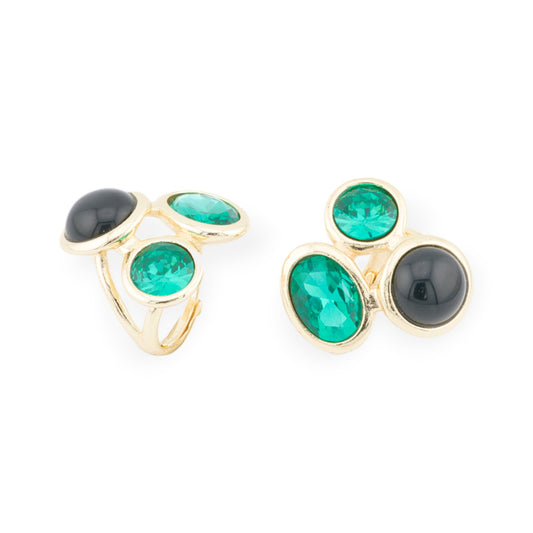 Anello Di Bronzo Con Occhio Di Gatto E Cristalli CZ 3 Pietre 28x29mm Misura Regolabile Dorato Verde Nero