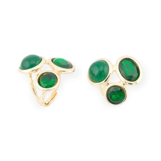 Anello Di Bronzo Con Occhio Di Gatto E Cristalli CZ 3 Pietre 28x29mm Misura Regolabile Dorato Verde