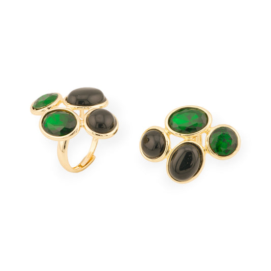 Anello Di Bronzo Con Occhio Di Gatto E Cristalli CZ 4 Pietre 27x35mm Misura Regolabile Dorato Verde Nero