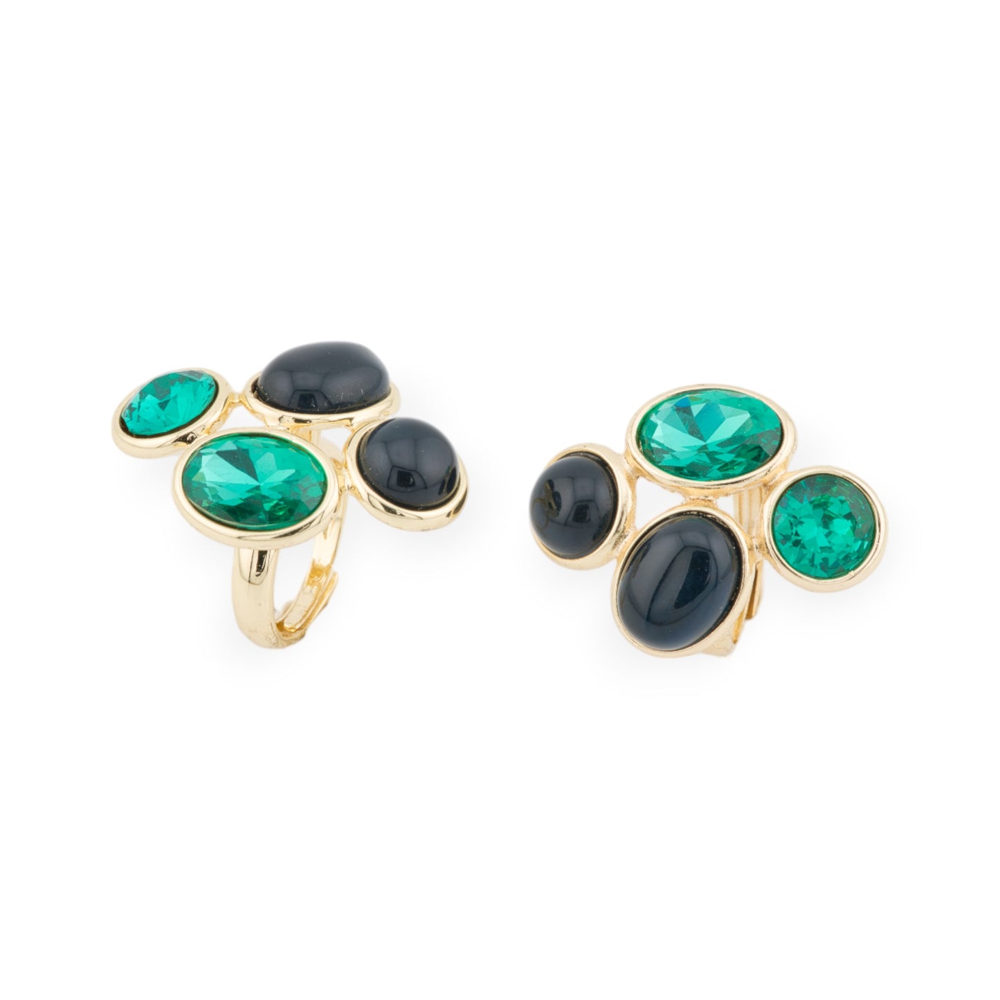 Anello Di Bronzo Con Occhio Di Gatto E Cristalli CZ 4 Pietre 27x35mm Misura Regolabile Dorato Verde Nero