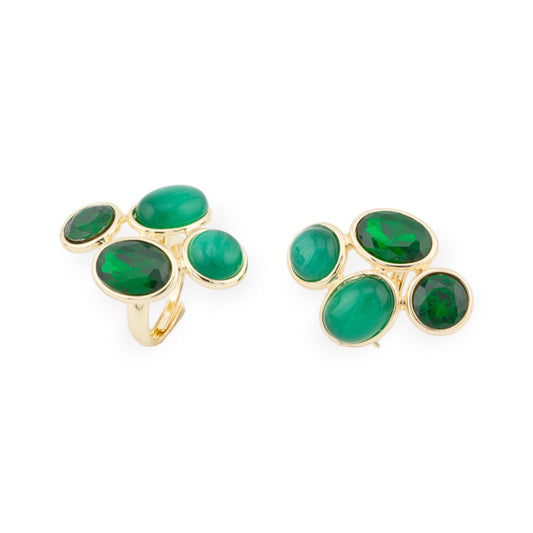 Anello Di Bronzo Con Occhio Di Gatto E Cristalli CZ 4 Pietre 27x35mm Misura Regolabile Dorato Verde