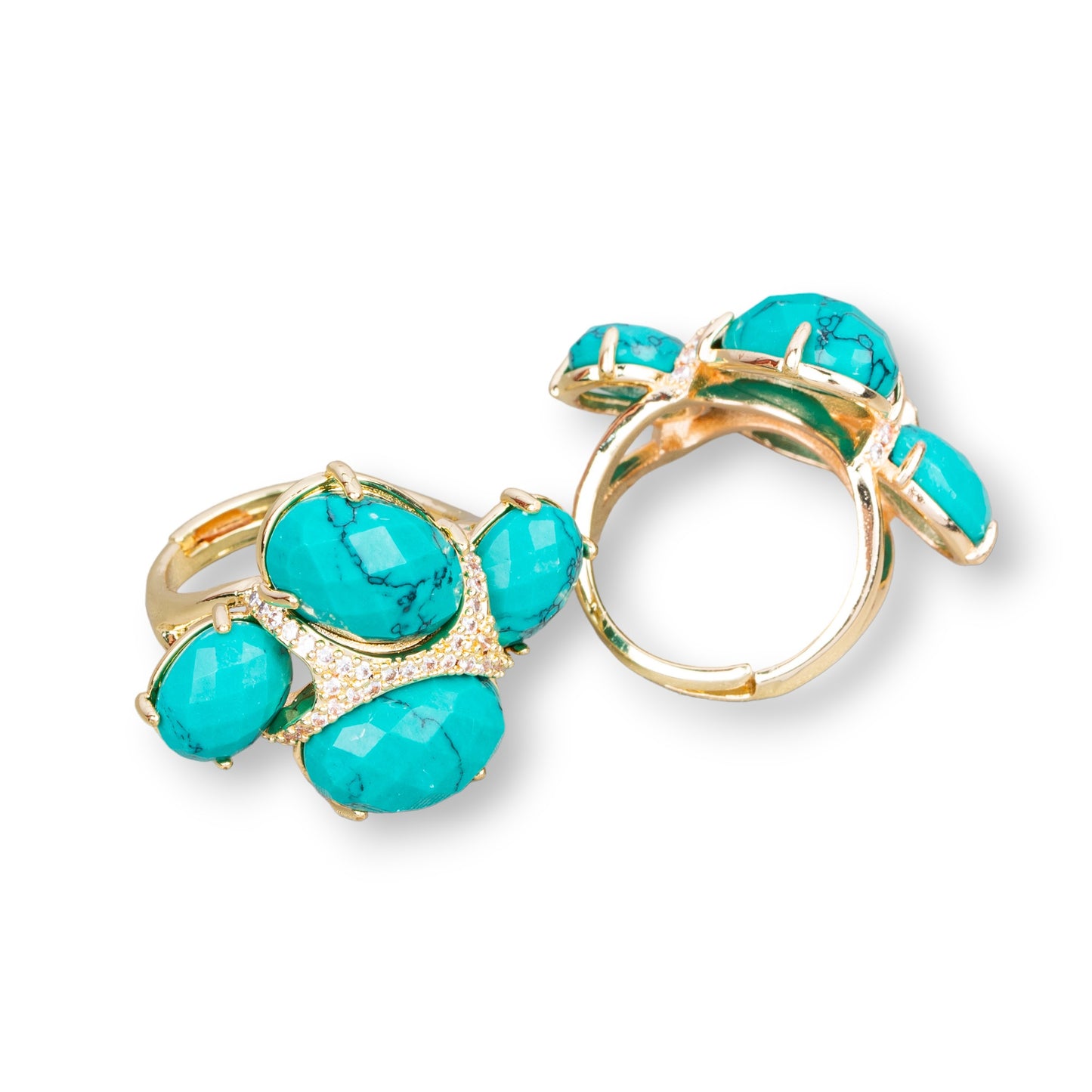 Bronze Ring With Cat's Eye And Zircons 23x30mm Adjustable Size Gold Magnesite Turquoise