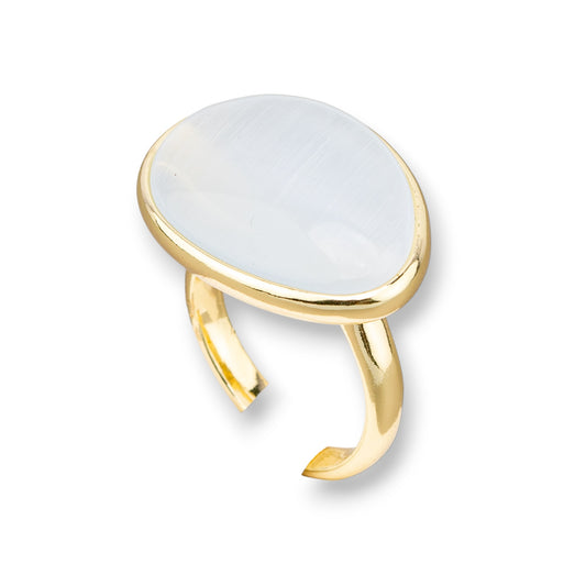 Anello Di Bronzo Con Occhio Di Gatto Incastonato Mango Liscio 18x26mm Dorato Bianco