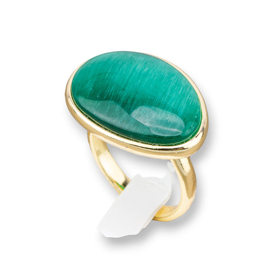 Anello Di Bronzo Con Occhio Di Gatto Incastonato Mango Liscio 18x26mm Dorato Verde Smeraldo