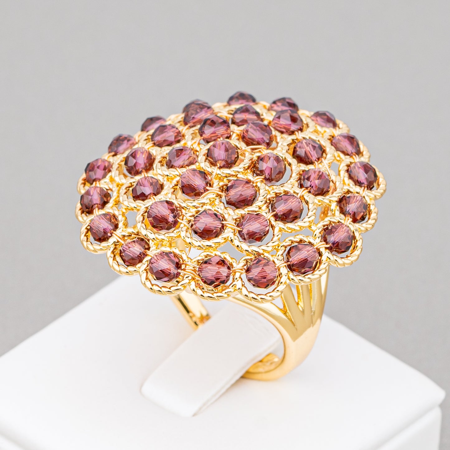 Bronze Ring With Beads 30mm Adjustable Size Golden Purple