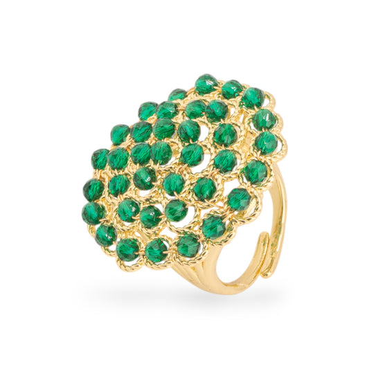 Elegant Bronze Ring with Gemstone Beads - Green and Gold Adjustable