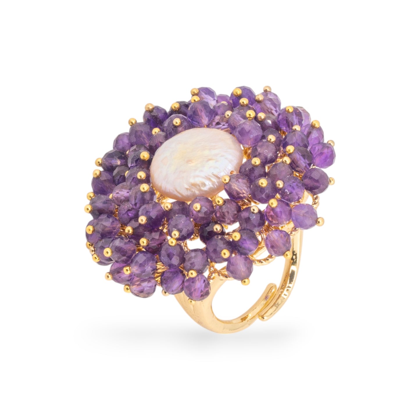 Elegante Anello in Bronzo con Perline e Perle di Fiume - Misura Regolabile Color Ametista