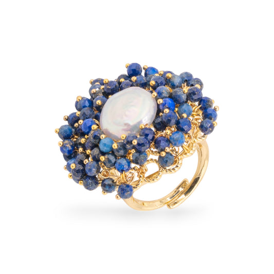 Elegant Bronze Ring with Beads and River Pearls - Adjustable Size Blue Lapis Lazuli