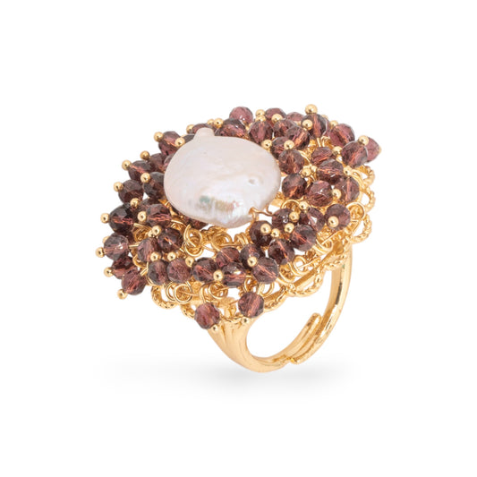 Elegant Bronze Ring with River Pearls and Beads - Adjustable Design in Burgundy