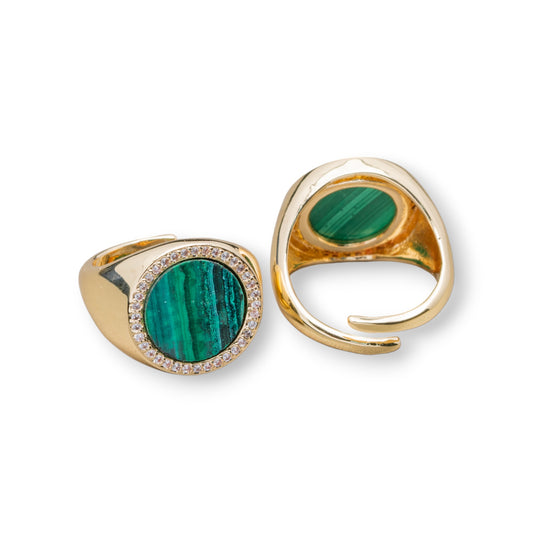 Anello Di Bronzo Con Pietra Naturale A Piastra Con Zirconi 16mm Misura Regolabile Malachite