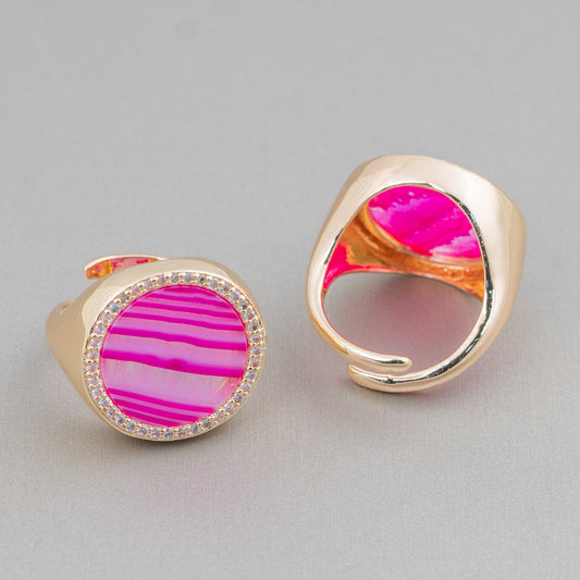 Anello Di Bronzo Con Pietra Naturale A Piastra Con Zirconi 20mm Misura Regolabile Agata Striata Fucsia