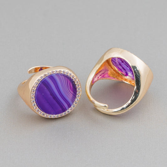 Anello Di Bronzo Con Pietra Naturale A Piastra Con Zirconi 20mm Misura Regolabile Agata Striata Viola