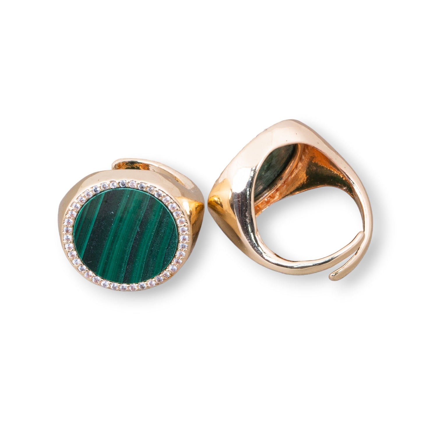 Anello Di Bronzo Con Pietra Naturale A Piastra Con Zirconi 20mm Misura Regolabile Malachite