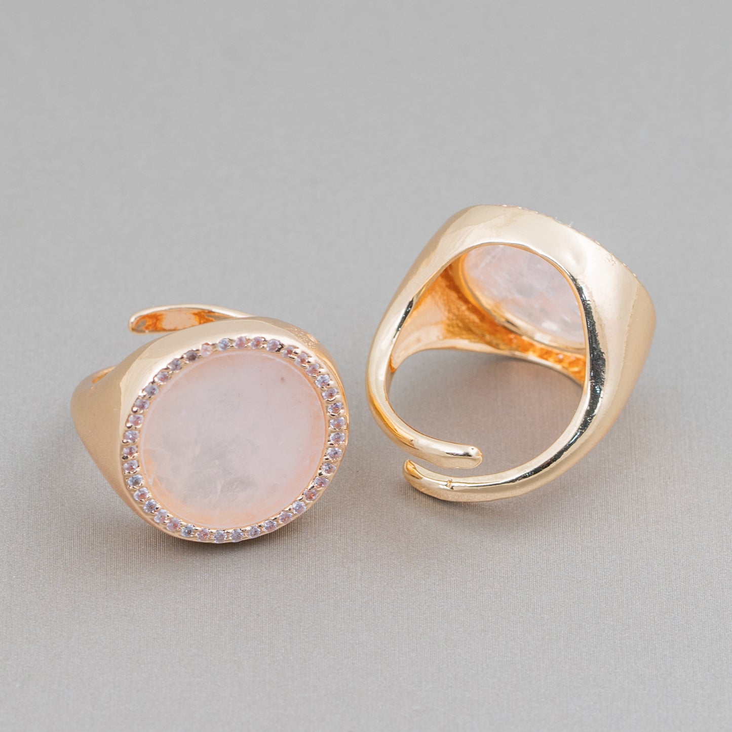 Anello Di Bronzo Con Pietra Naturale A Piastra Con Zirconi 20mm Misura Regolabile Quarzo Rosa