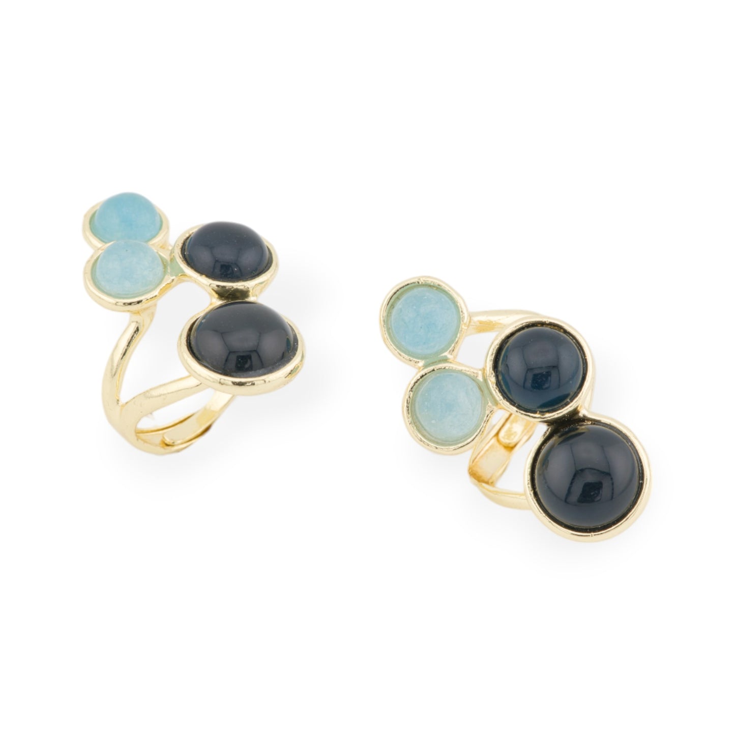 Anello Di Bronzo Con Pietre Dure 4 Pietre 23x40mm Misura Regolabile Dorato Nero Celeste